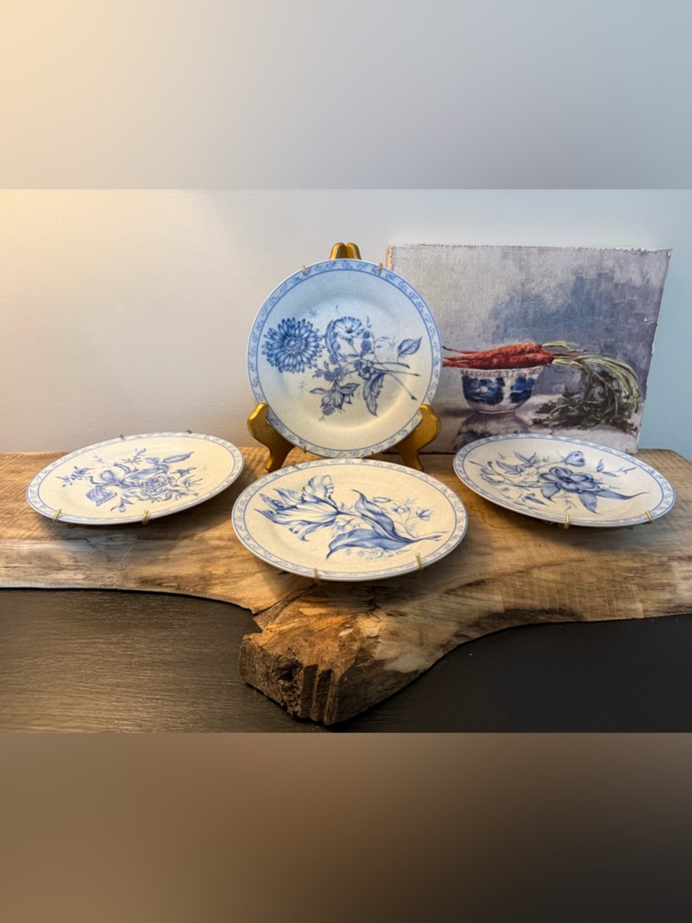 American Atelier Blue & White Floral 8” Salad Plates w/hangers - Set of 4